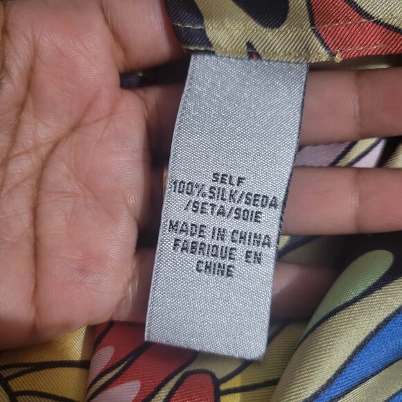 TIBI Silk Print Tunic Yellow Colorful Peacock Jeweled Studs Blue Cutouts Birds 6 - Picture 9 of 16